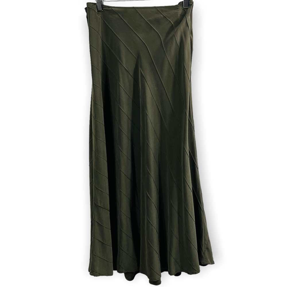 J.Jill 100% Silk Maxi Skirt Womens Size 12 Seamed Olive Green A-Line